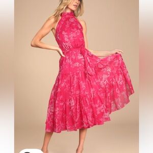 Lulus Float to You Hot Pink Floral Print Halter-Neck Tiered Midi Dress